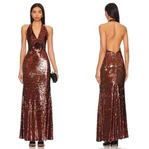 Sequin Halter Backless Evening Gown - Copper